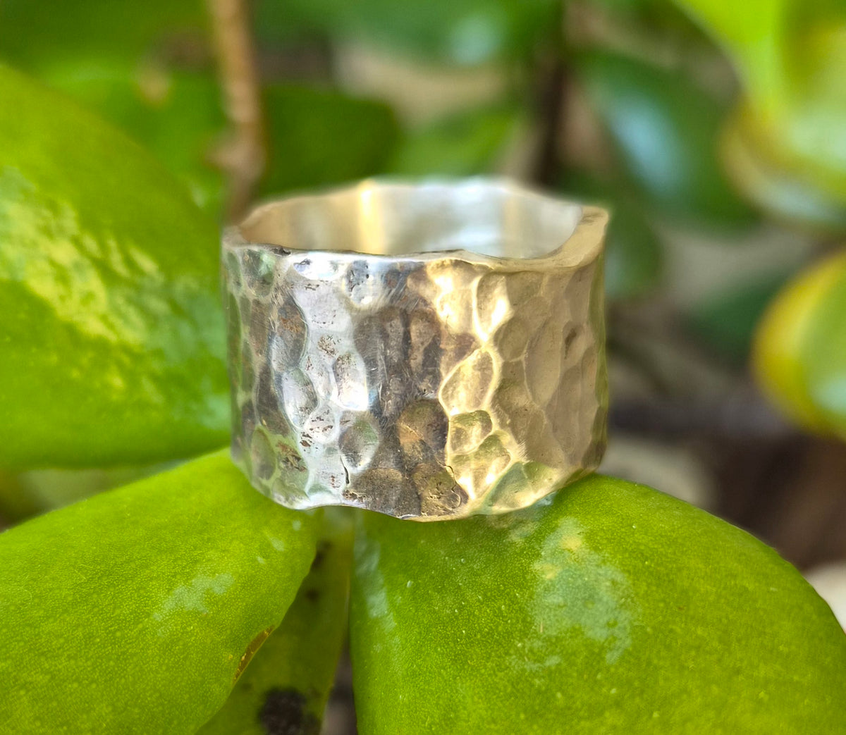 Wide silver hammered ring,15mm 925 sterling silver,rustic handmade wedding ring