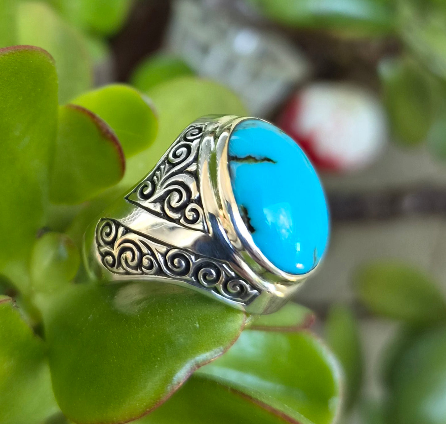 Turquoise ring,large mans ring,925 sterling silver,wedding dress scroll,maori koru,pattern
