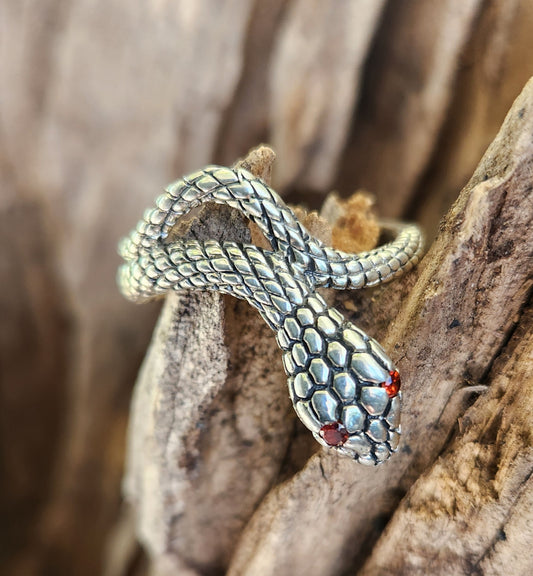 Snake ring, serpent, sterling silver,wrap around ring,garnet eyes,adjustable snake ring,gothic,punk,grunge,thumb ring,handmade,boho,gypsy,