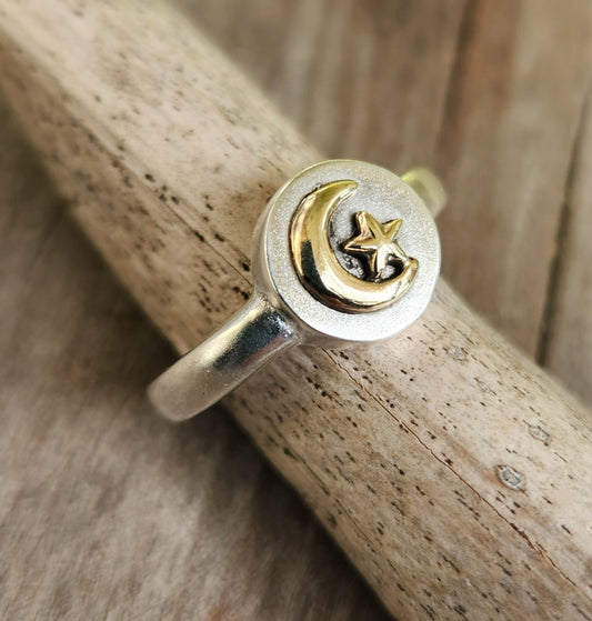 9K Moon Star ring on sterling silver signet ring.two tone, mixed metal