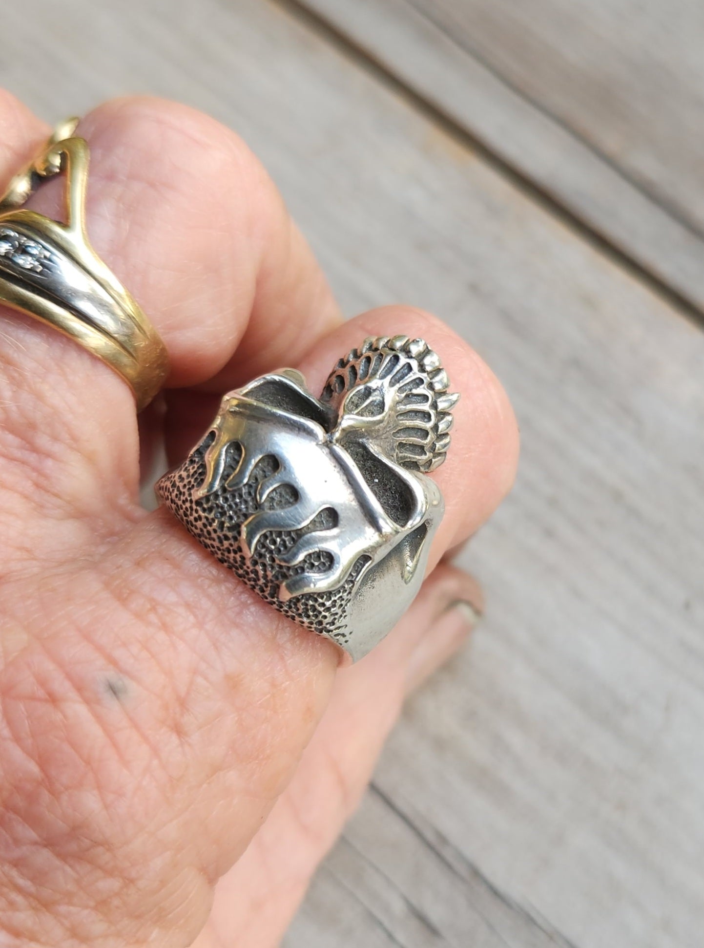 Skull flame ring,925 sterling silver,kustom kulture roth flame,muscle car, steampunk,gothic, punk,small skull ring,hipster