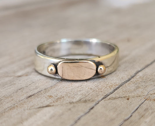 Gold and silver two tone ring,9k gold centre on 925 sterling silver band,gold ball,mixed metal wedding band.