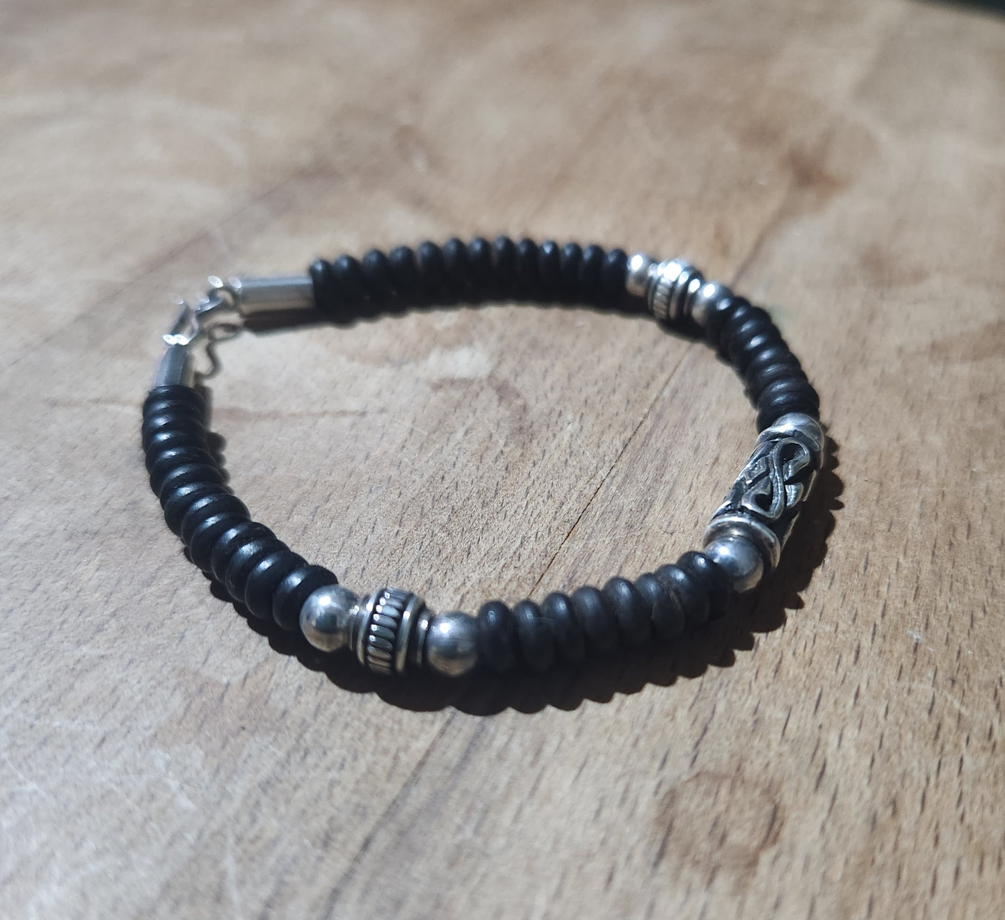 silver bead and wood bracelet,925 sterling silver,handmade coconut bracelet,boho,