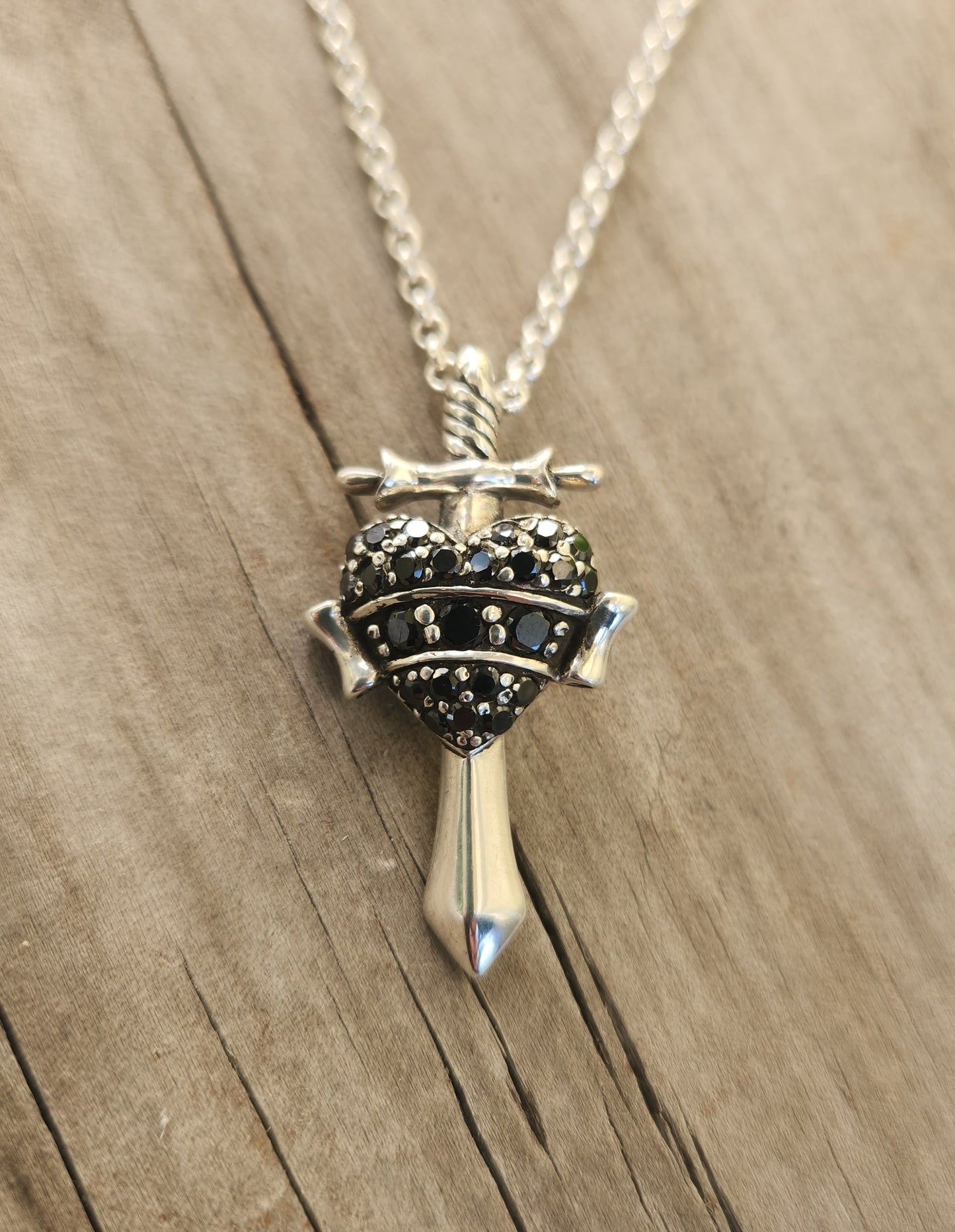 Heart sword pendant, 925 sterling silver,black cz heart,cubic zirconia dagger pendant