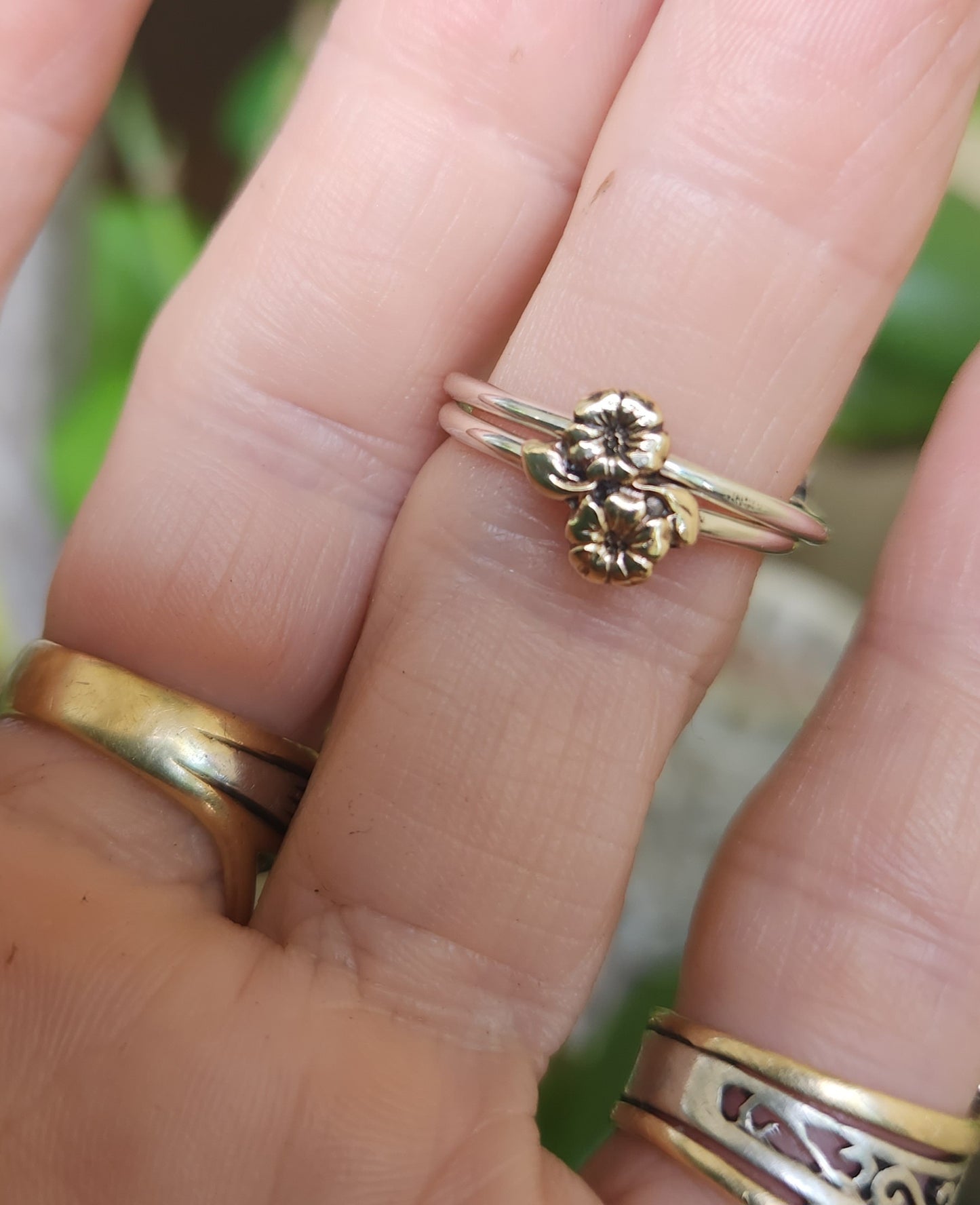 Two tone stacking ring,solid 9k gold flower on sterling silver band,mixed metal flower ring,