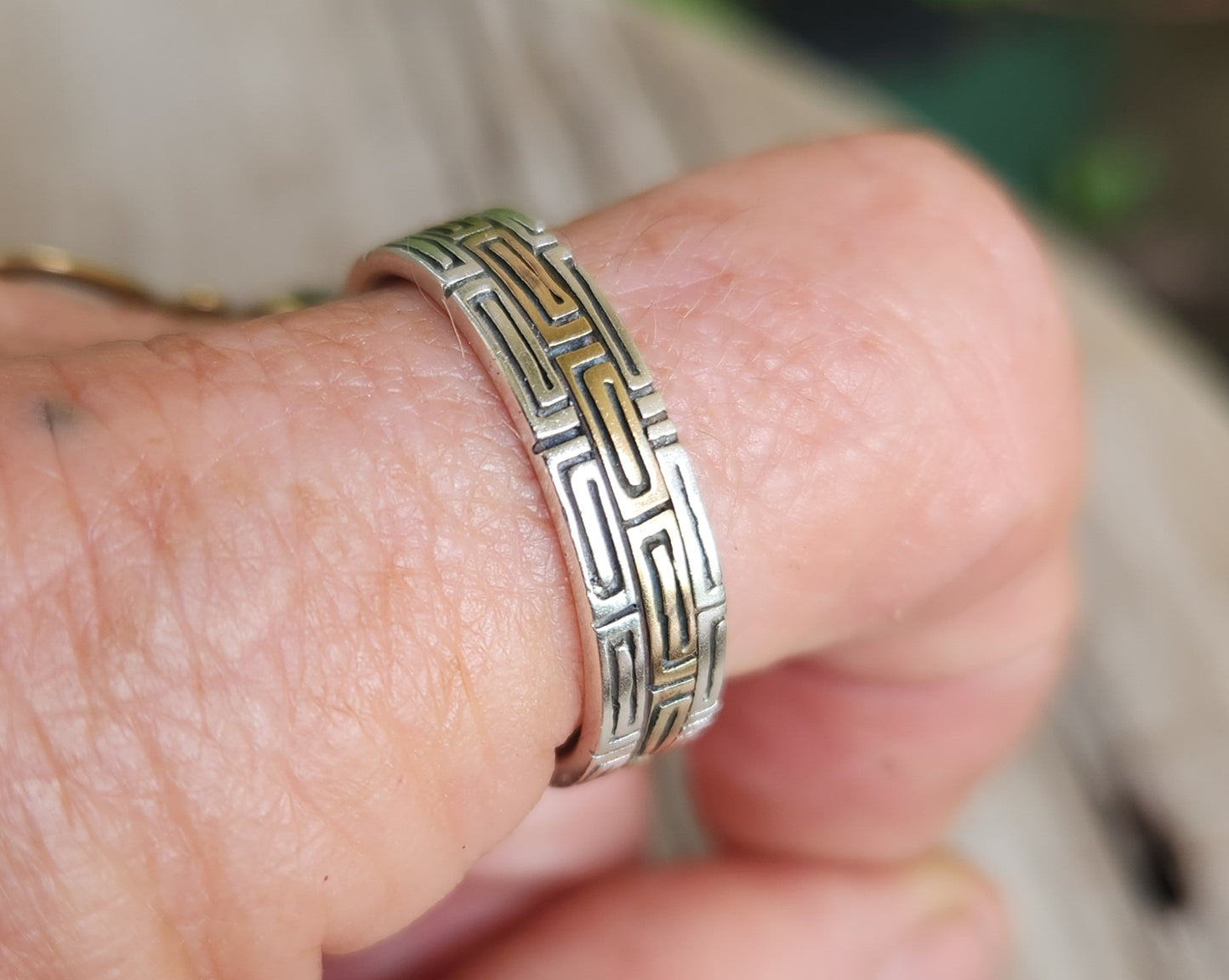 Two tone band,tribal Aztec ring,9k gold and sterling silver,rustic wedding,boho,gypsy,handmade,goddess,designer ring