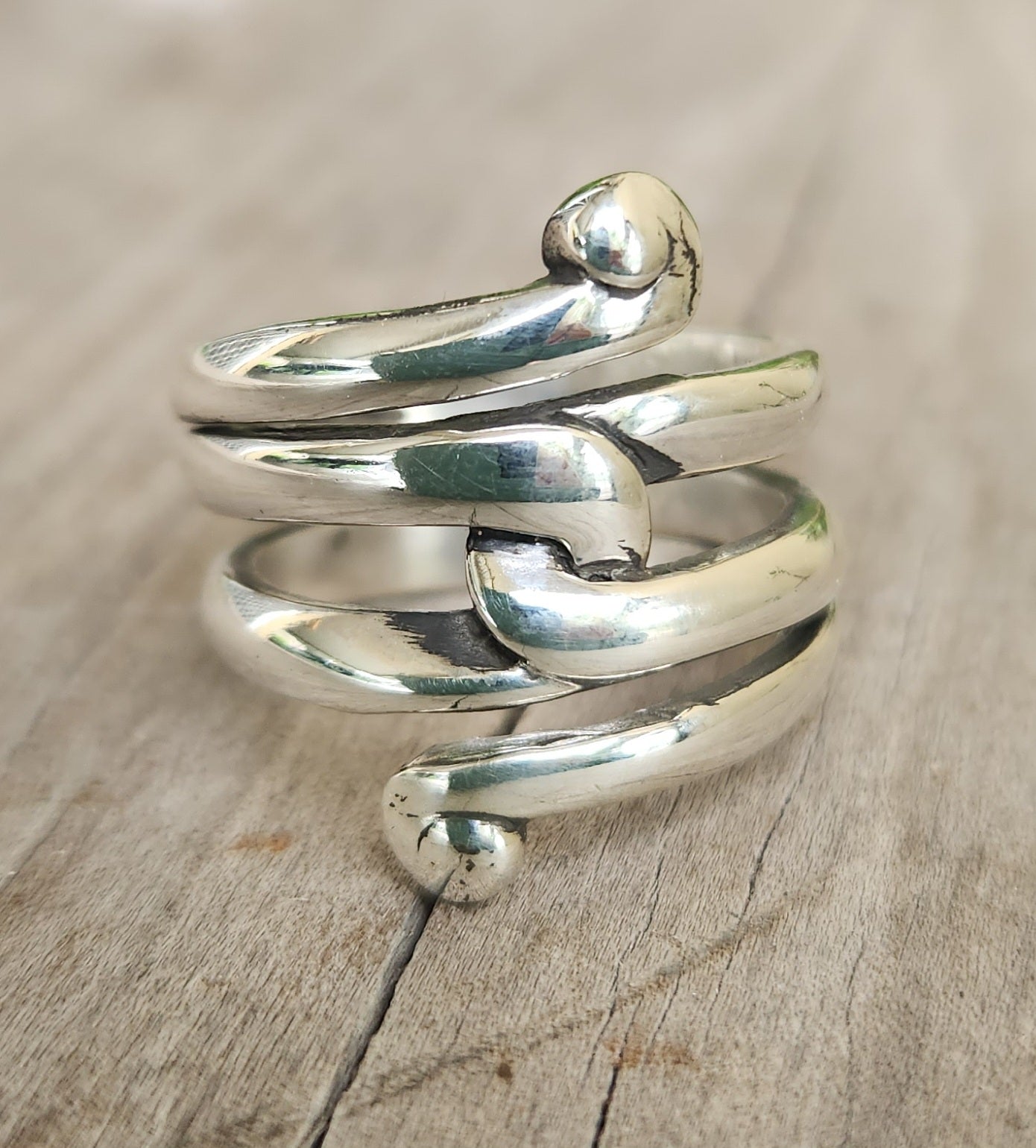 long swirl silver ring,925 sterling,swirl,boho,gypsy,hippy,triple band.