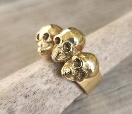 Skull ring,9k/9ct gold,3 skulls,solid back,steampunk,gothic, punk,hipster,handmade,biker,gangster,pirate,sugar skull,chunky ring