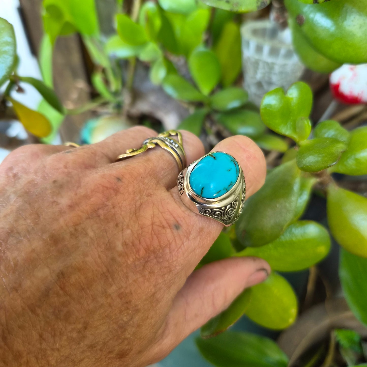 Turquoise ring,large mans ring,925 sterling silver,wedding dress scroll,maori koru,pattern