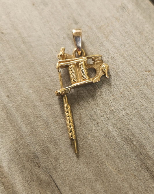 Gold tattoo gun pendant, solid 9k gold,9ct tattoo gun long pendant.