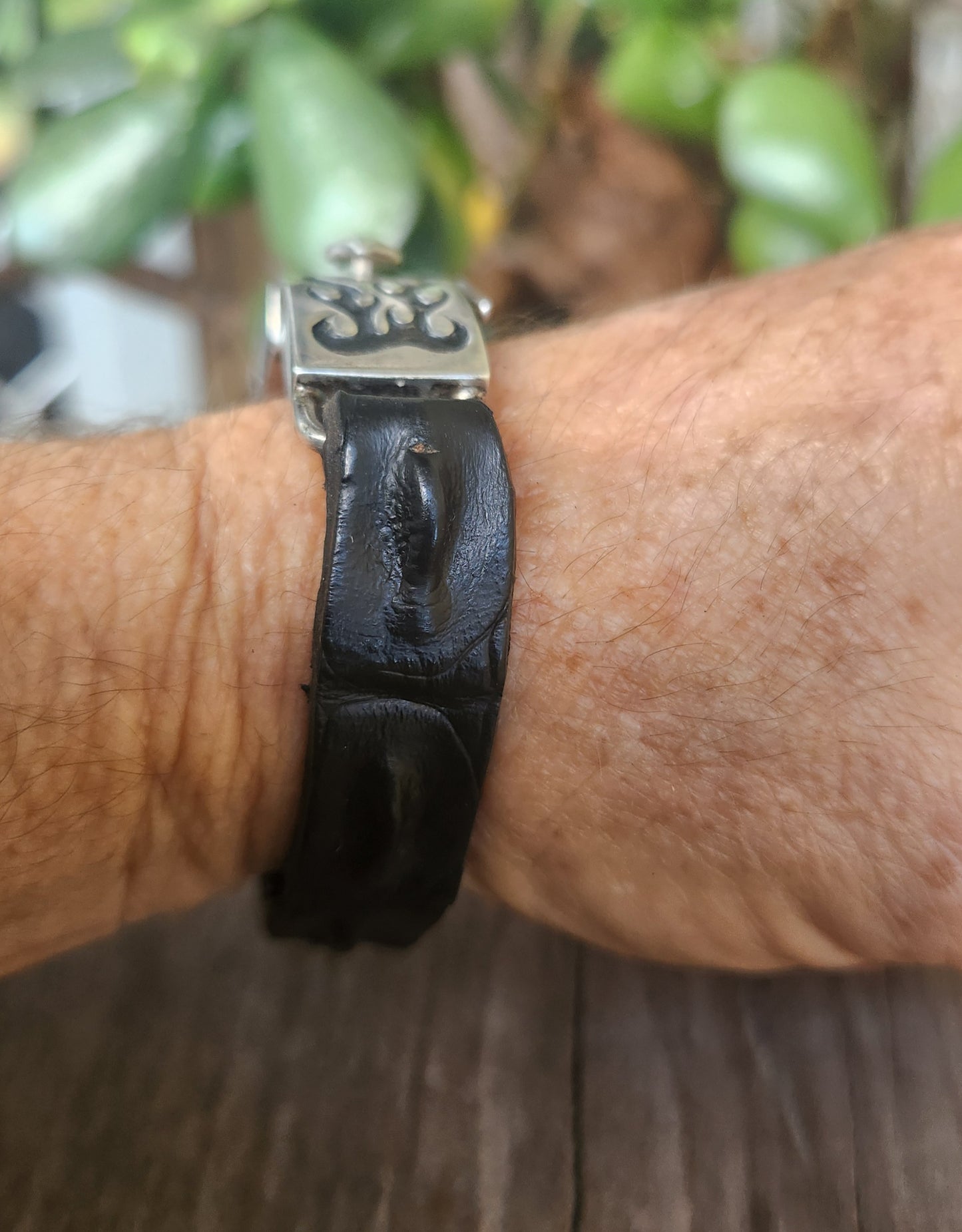 Silver flame bracelet,925 sterling silver,heavy chunky silver with crocodile leather band