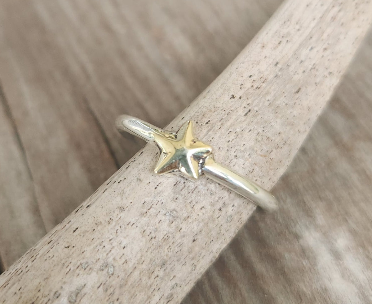 Two tone star stacking ring,9k gold caltex star  and sterling silver,mixed metal band,2mm band ,