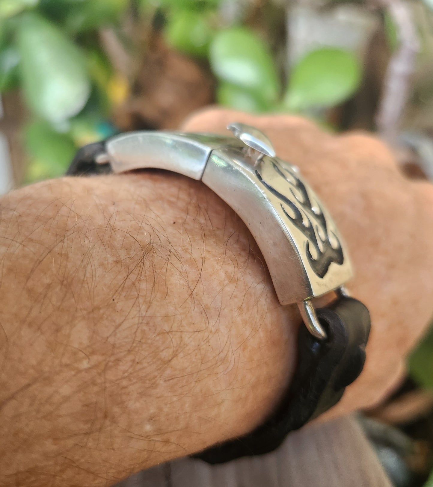 Silver flame bracelet,925 sterling silver,heavy chunky silver with crocodile leather band