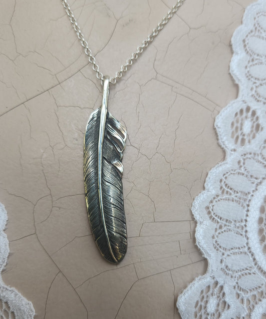 Large feather pendant,925 sterling silver,eagle feather,indian,gypsy,hippy,boho,long necklace