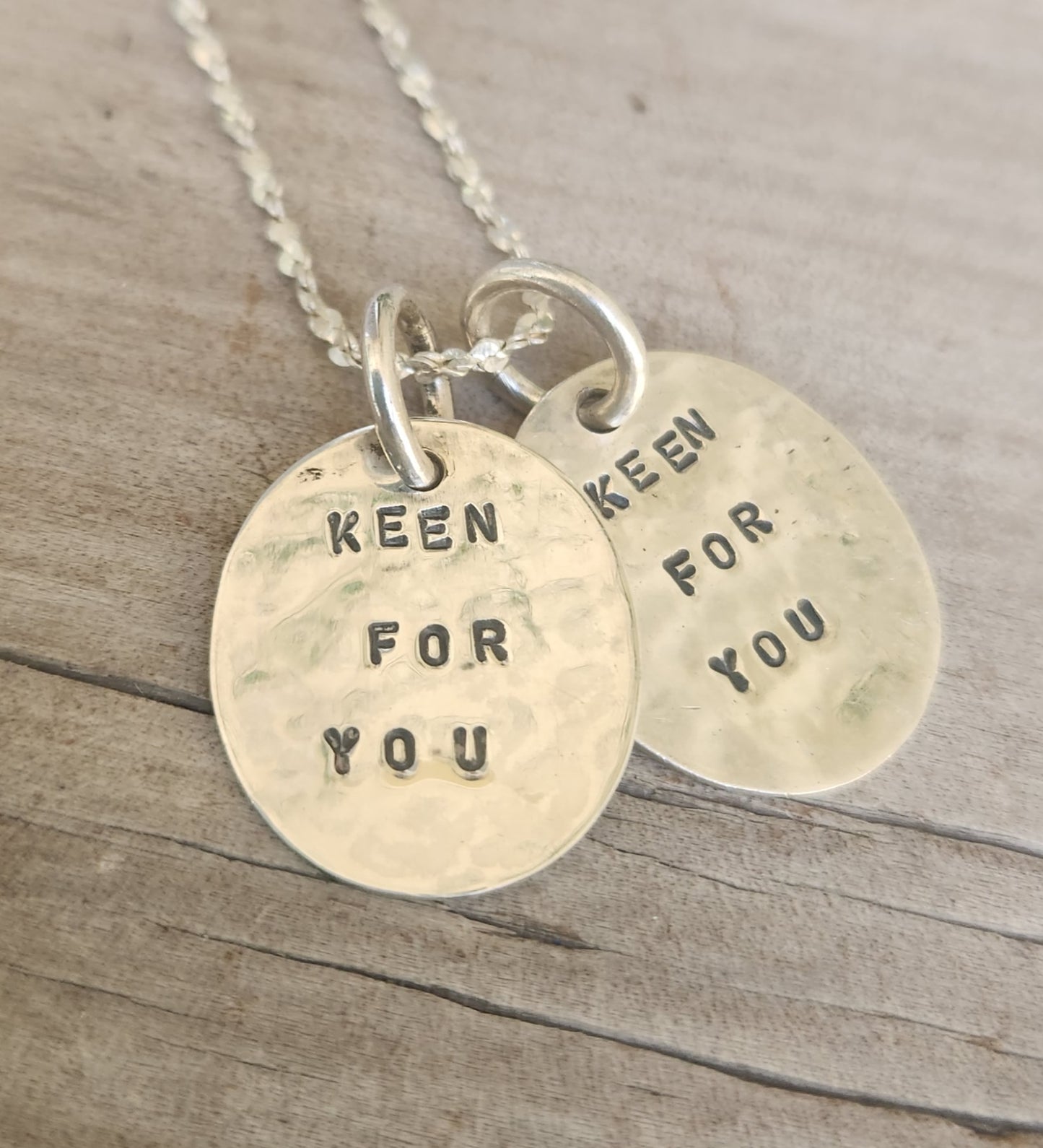 Keen for you Cupid,lovers disc, hammered sterling silver,stamped ID tag,gypsy,hippy boho