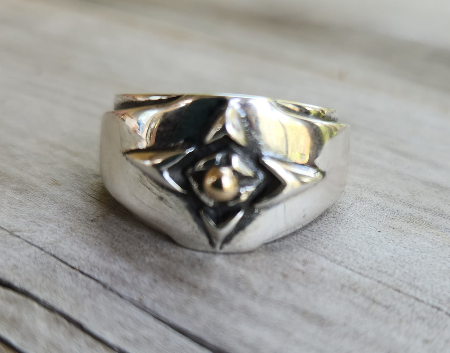silver tribal band,925 solid sterling silver with a center gold ball ring,ornate mixed metal solid mans ring modern,mixed metal, two tone dress ring,celtic tribal wedding band