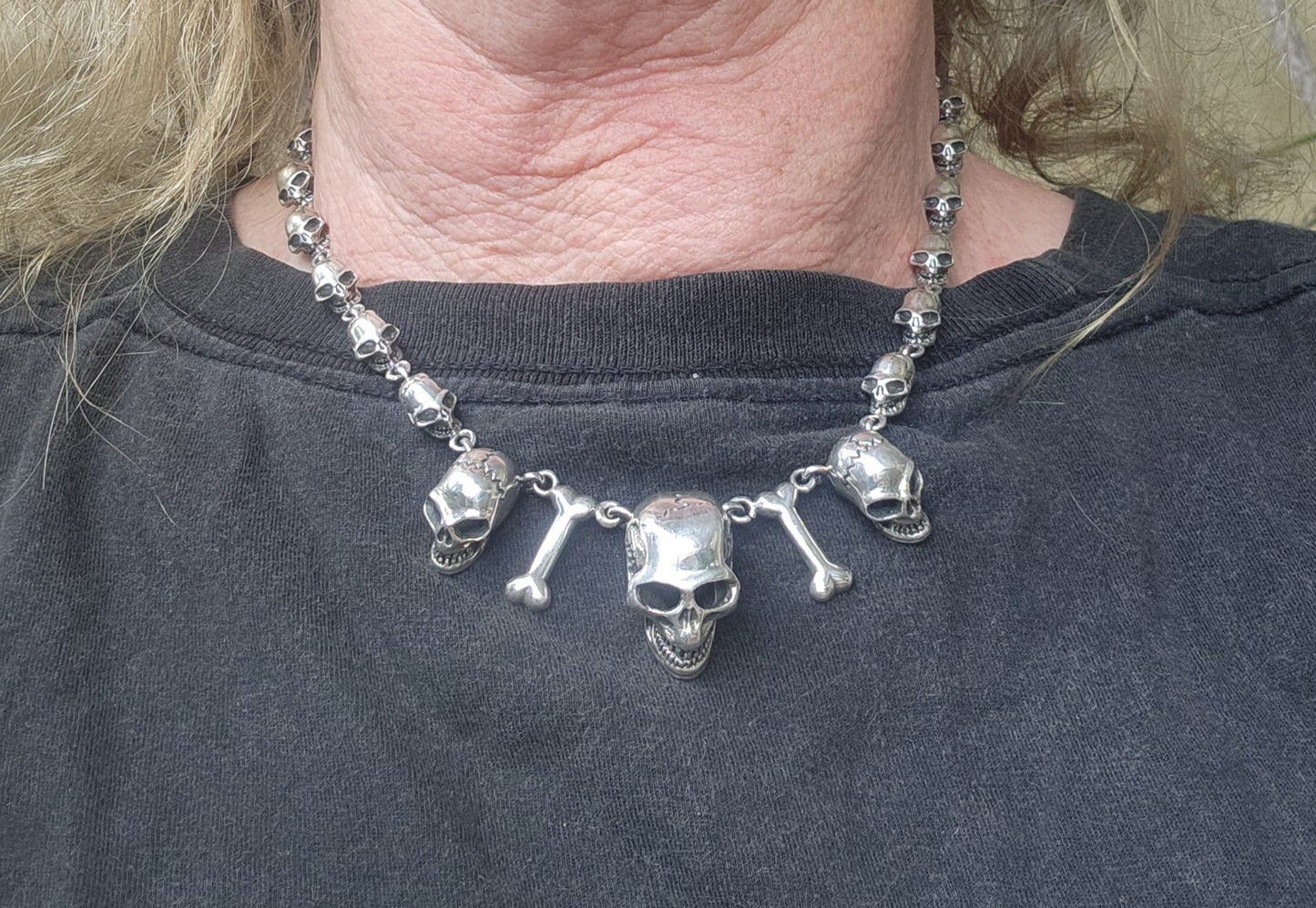 skull bone necklace,925 sterling silver,Great detail handmade multi skull 60gms