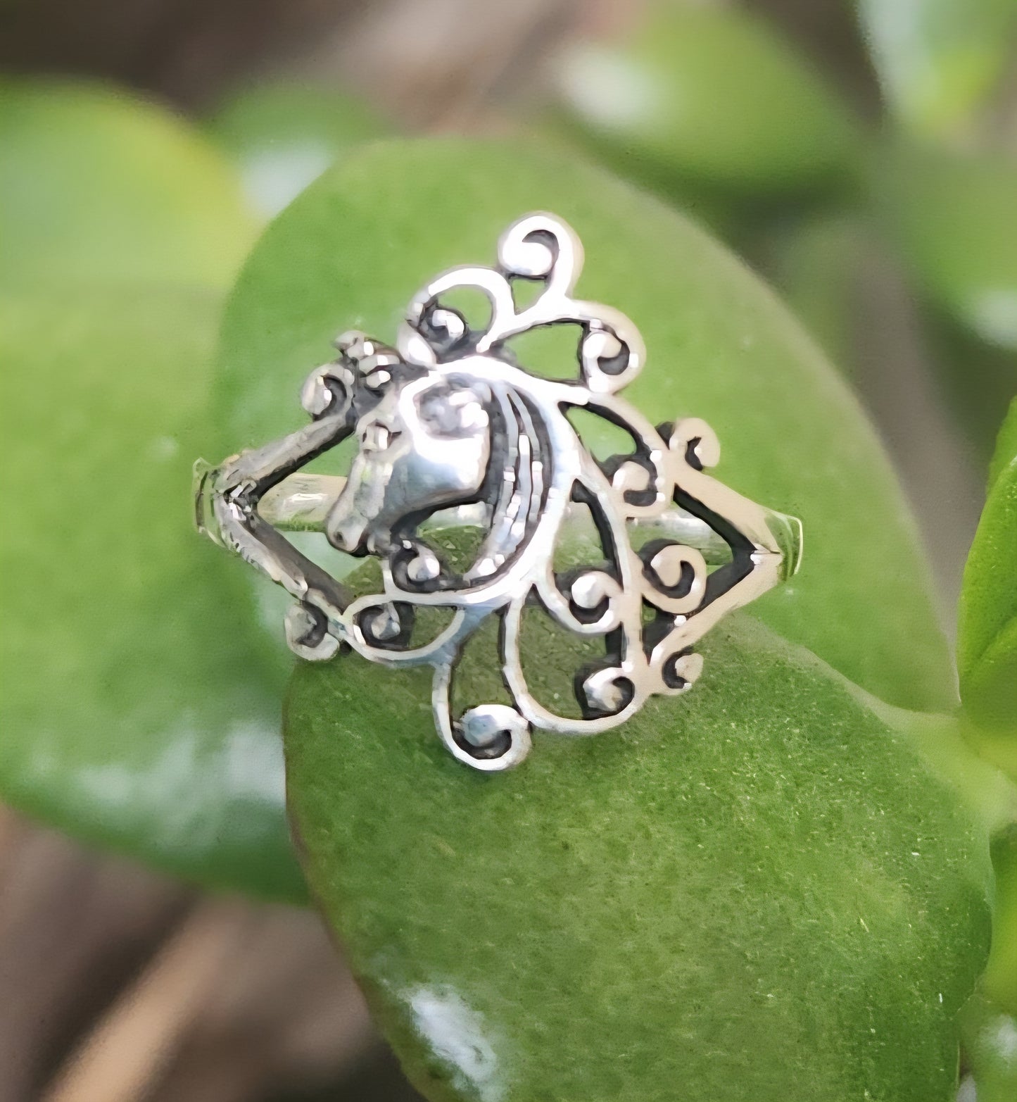 Unicorn ring,sterling silver,Scrolly haired,mythical horse,fantasy ring,new age, boho,hippy,art nouveau,magic,woodland,fairy tale
