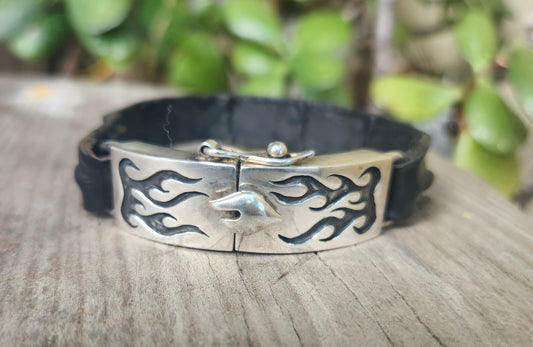 Silver flame bracelet,925 sterling silver,heavy chunky silver with crocodile leather band