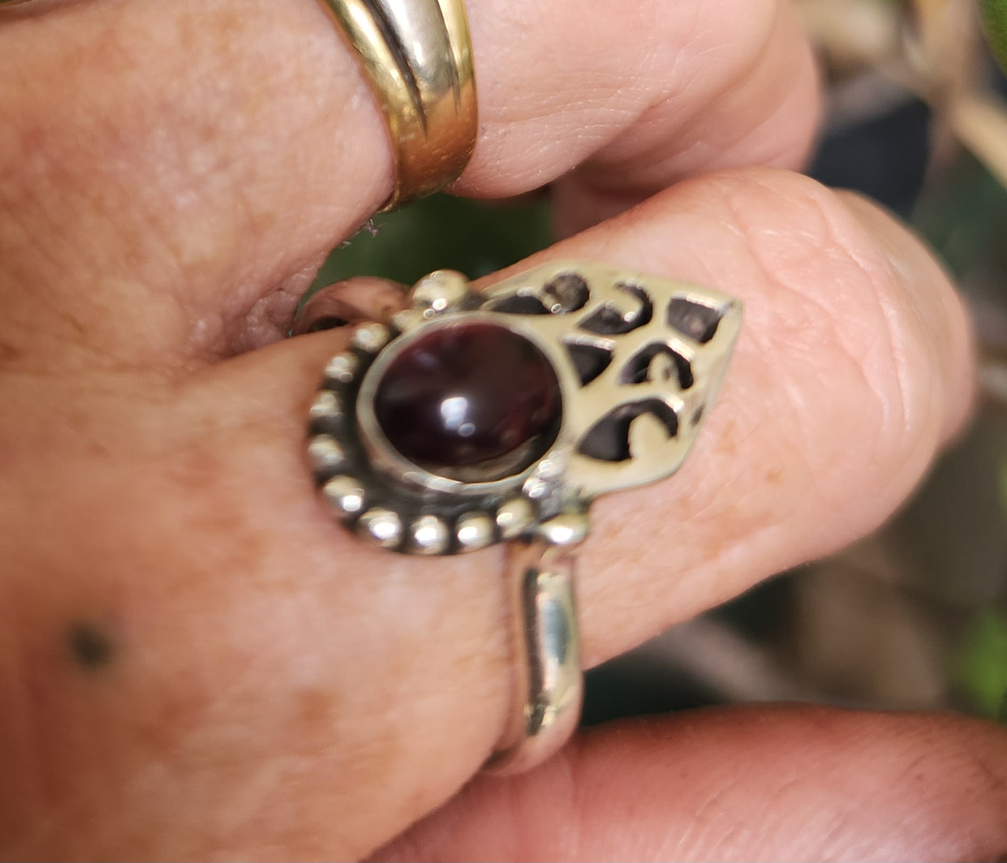 Garnet cabachon ring,925 sterling silver handmade,amethyst,turquoise ,mother of pearl