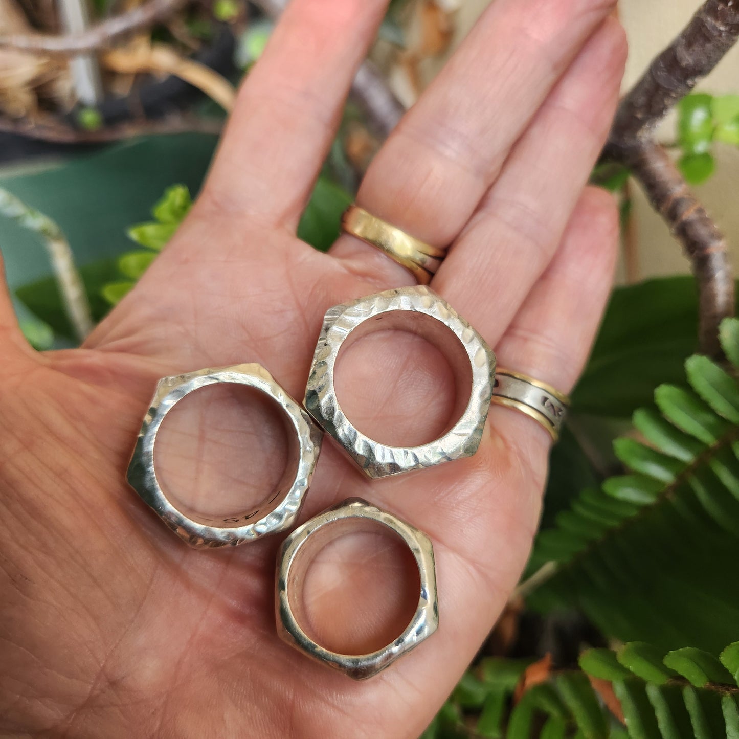 Hexagonal hammered band,solid 26gms sterling silver,rustic handmade ring,unisex  wedding ring,heavy band,industrial,