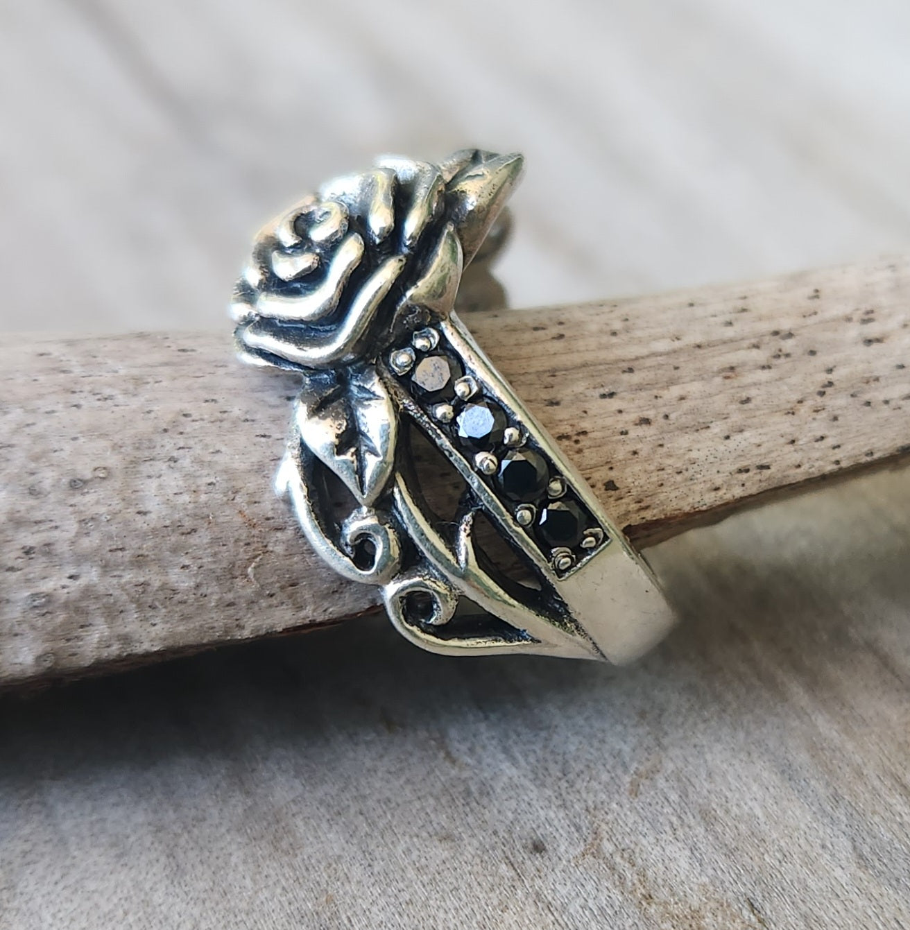 rose black cz ring,sterling silver,cubic zirconias, flower boho, steampunk,gothic,art nouveau ,victorian,vintage,handmade,gypsy,goddess,women fashion
