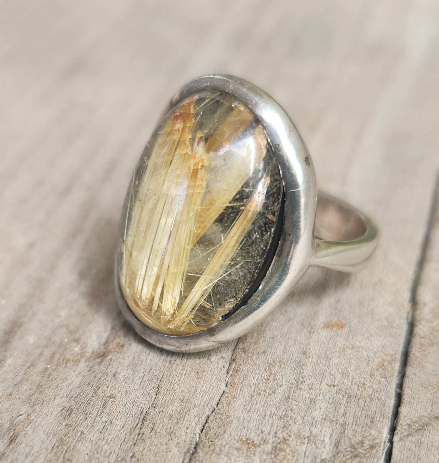 Golden rutilated quartz,925 sterling silver,long gemstone ring, boho