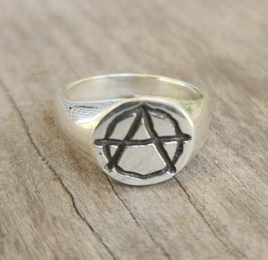 Anarchy ring,small, round top, sterling silver, signet,pinkie ring, punk,alternative, steampunk,handmade,sid vicious,rebel,biker,