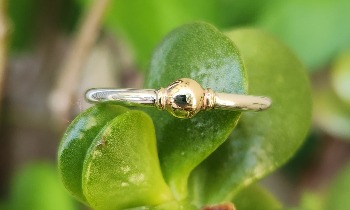 Two tone stacking ring,9k gold vintage bead on a sterling silver band,thin halo mixed metal stacker band