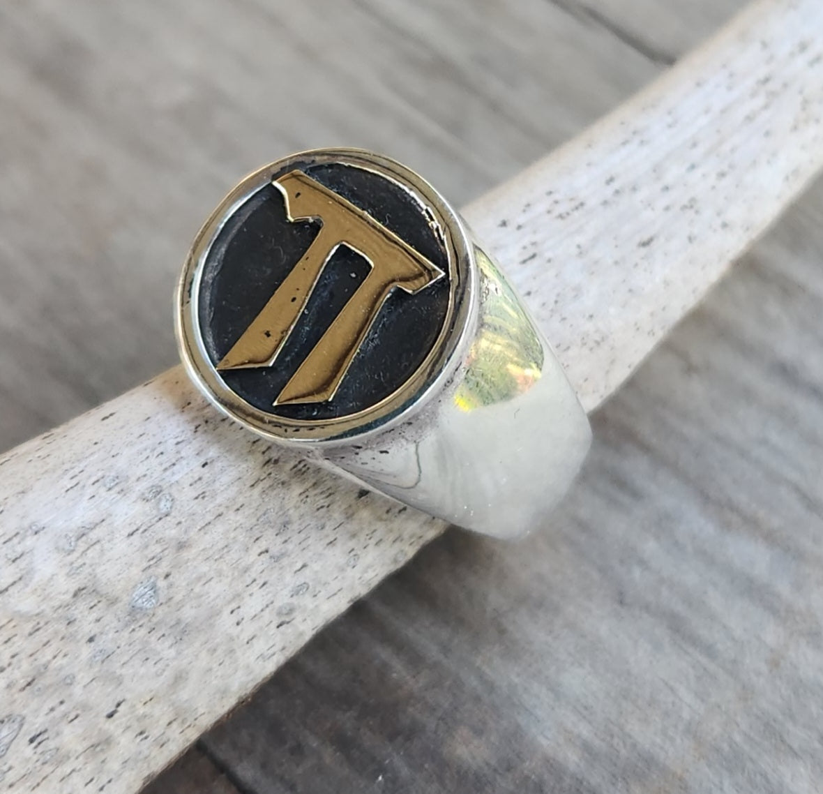 Gold chai signet ring 9k symbol on sterling silver band, Jewish "life"symbol,Hebrew vitality, good luck, spiritual, handmade