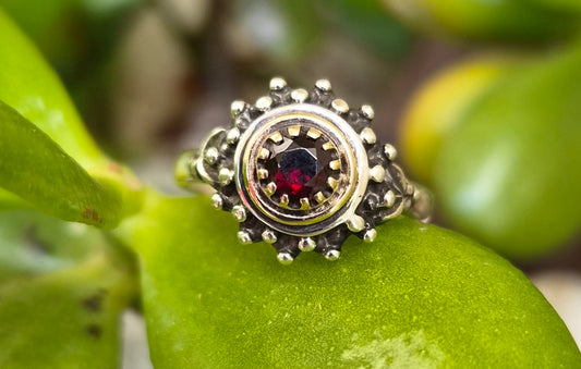 Two tone Garnet ring,9k and sterling silver, handmade mixed metal, goddess,boho,solitare,ball ring