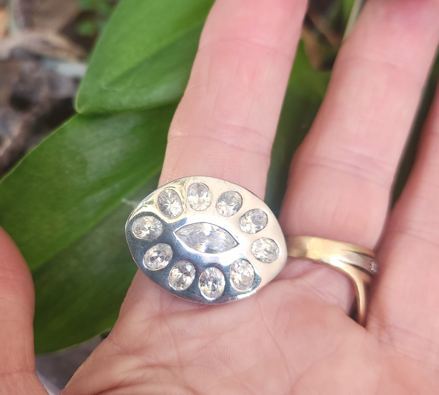 Large cz ring,925 sterling,multi stone,eye shaped cubic zirconia