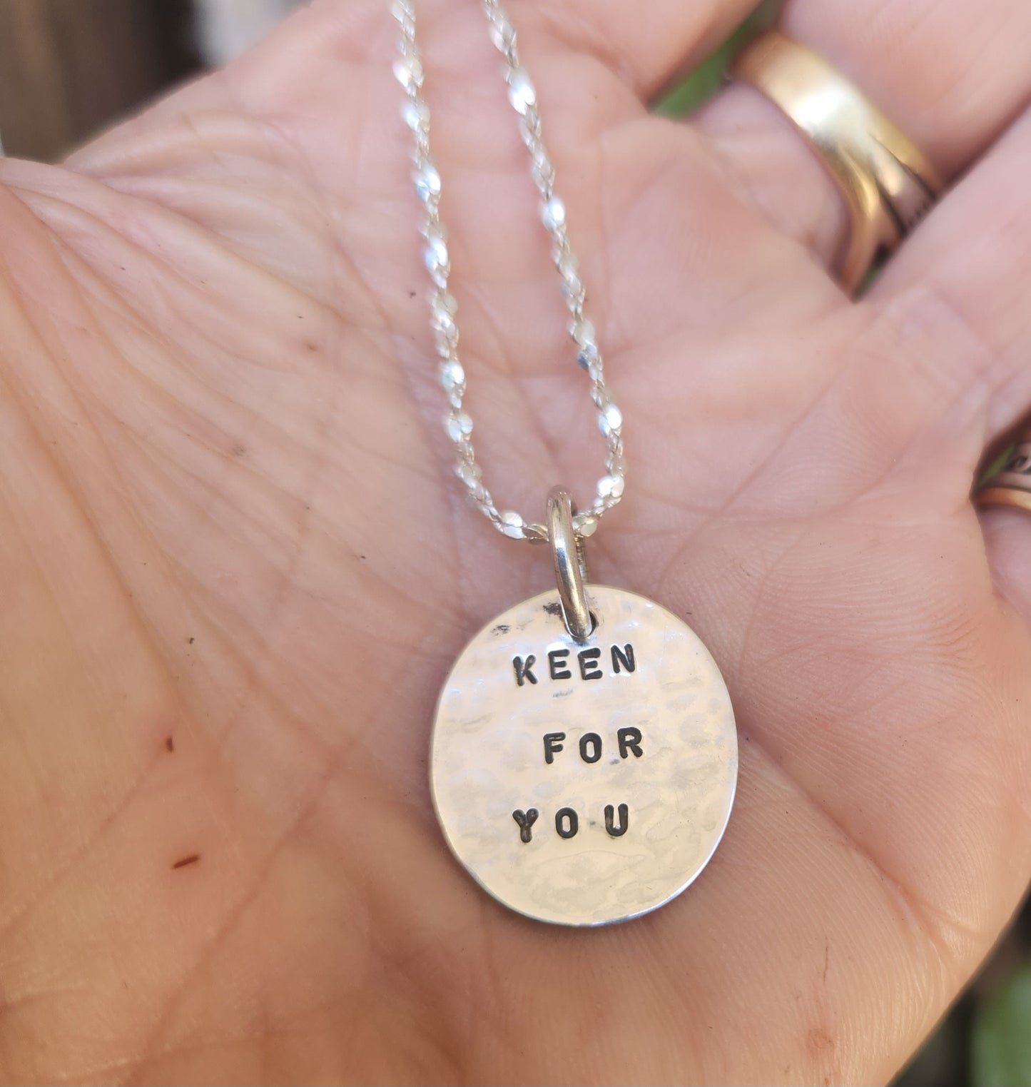 Keen for you Cupid,lovers disc, hammered sterling silver,stamped ID tag,gypsy,hippy boho