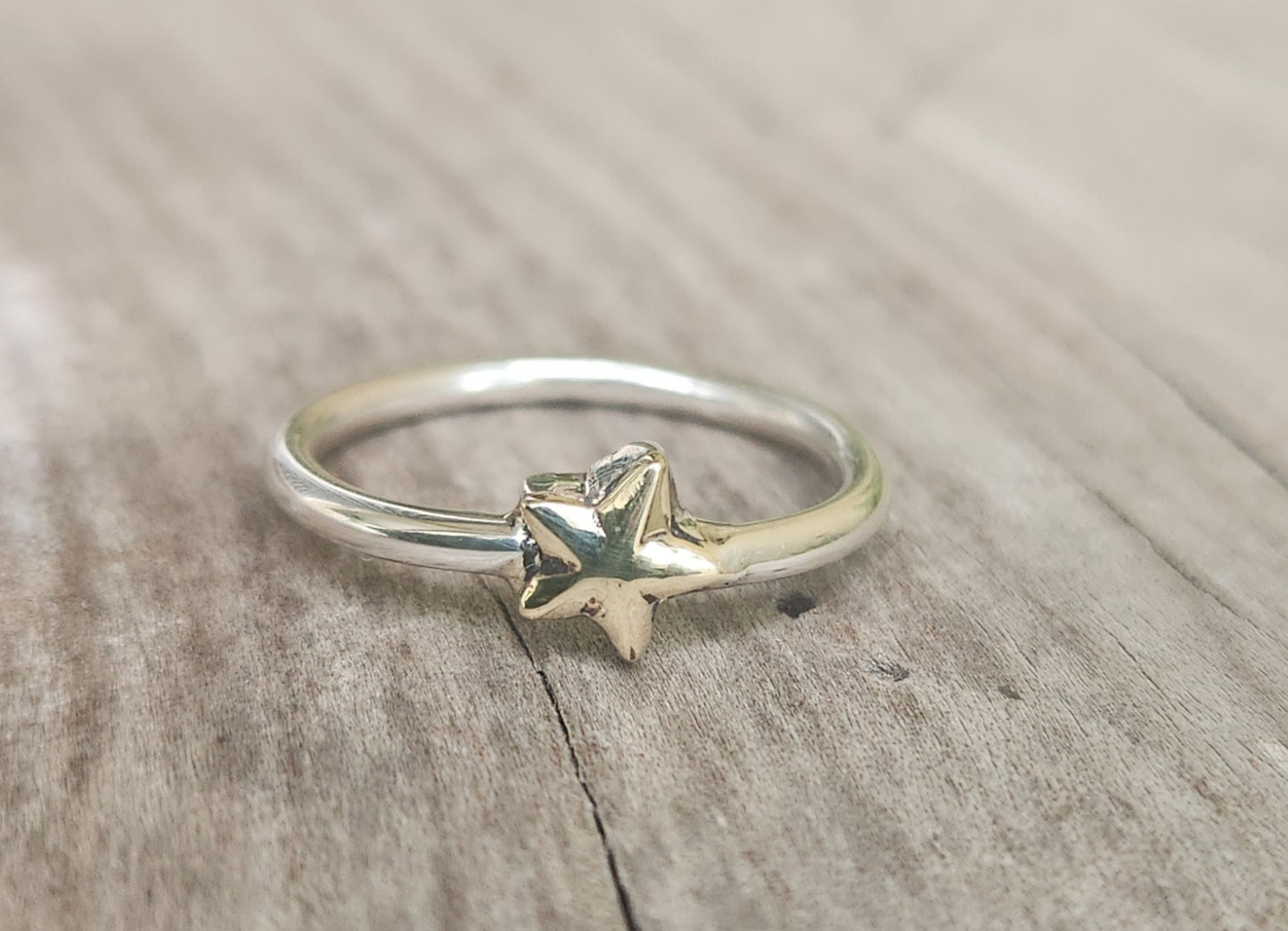 Two tone star stacking ring,9k gold caltex star  and sterling silver,mixed metal band,2mm band ,