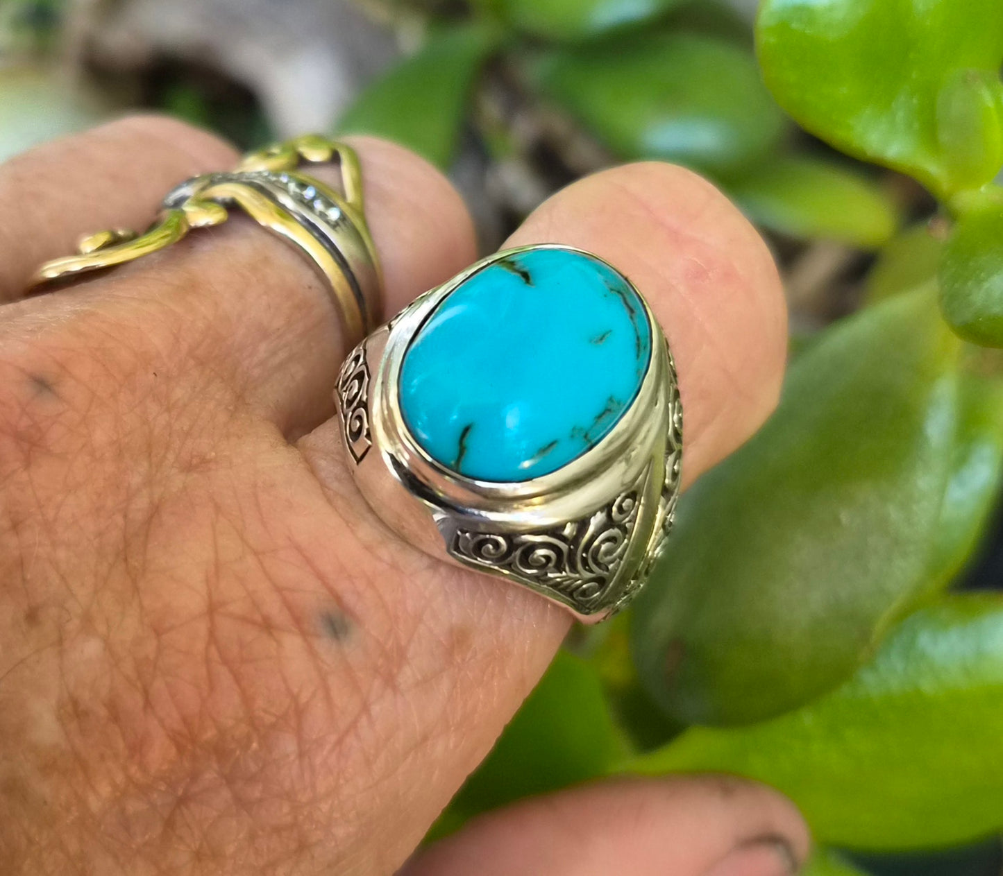 Turquoise ring,large mans ring,925 sterling silver,wedding dress scroll,maori koru,pattern