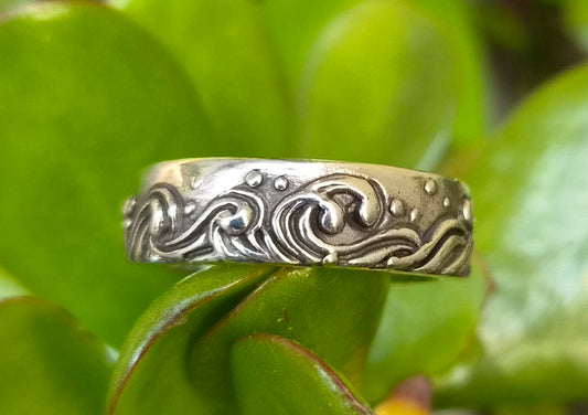 wave ring,japanese tattoo,sterling silver,japanese wave art,surfer band,rustic band,thick silver wedding,chunky band