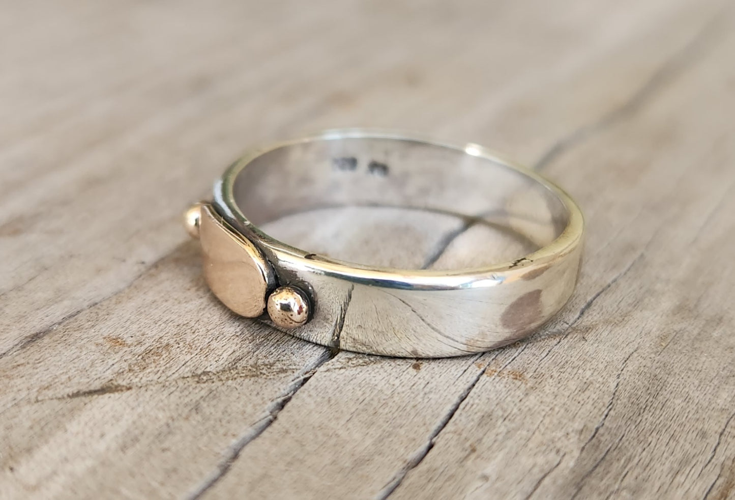 Gold and silver two tone ring,9k gold centre on 925 sterling silver band,gold ball,mixed metal wedding band.