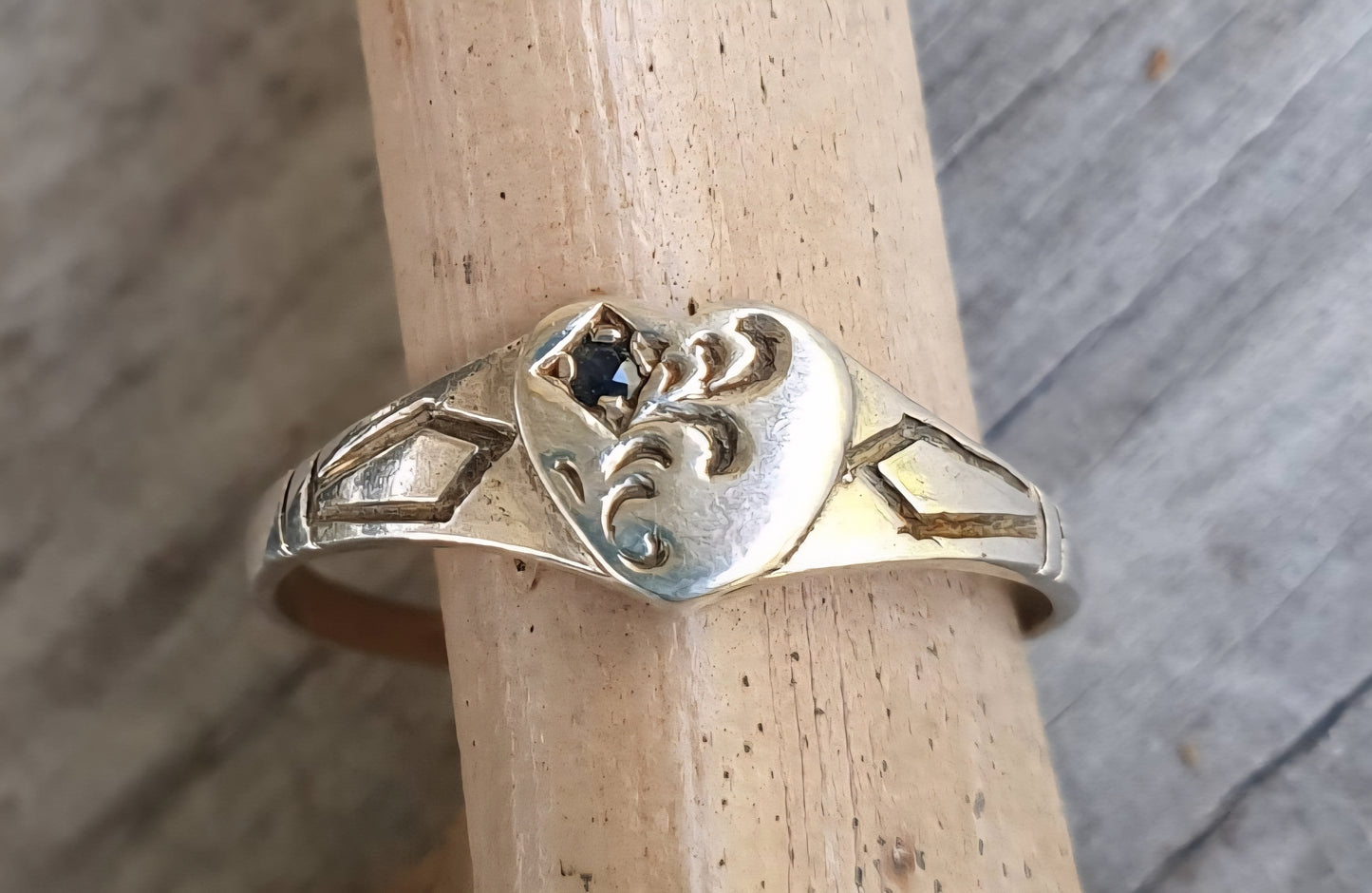 Signet sapphire heart ring,sterling silver,tiny heart,engraved signet,pinkie signet,girls signet ring,heart signet