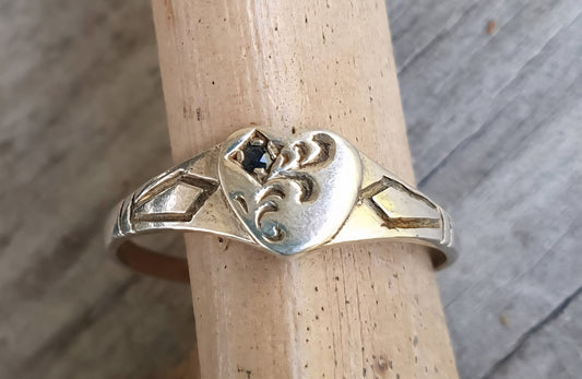 Signet sapphire heart ring,sterling silver,tiny heart,engraved signet,pinkie signet,girls signet ring,heart signet