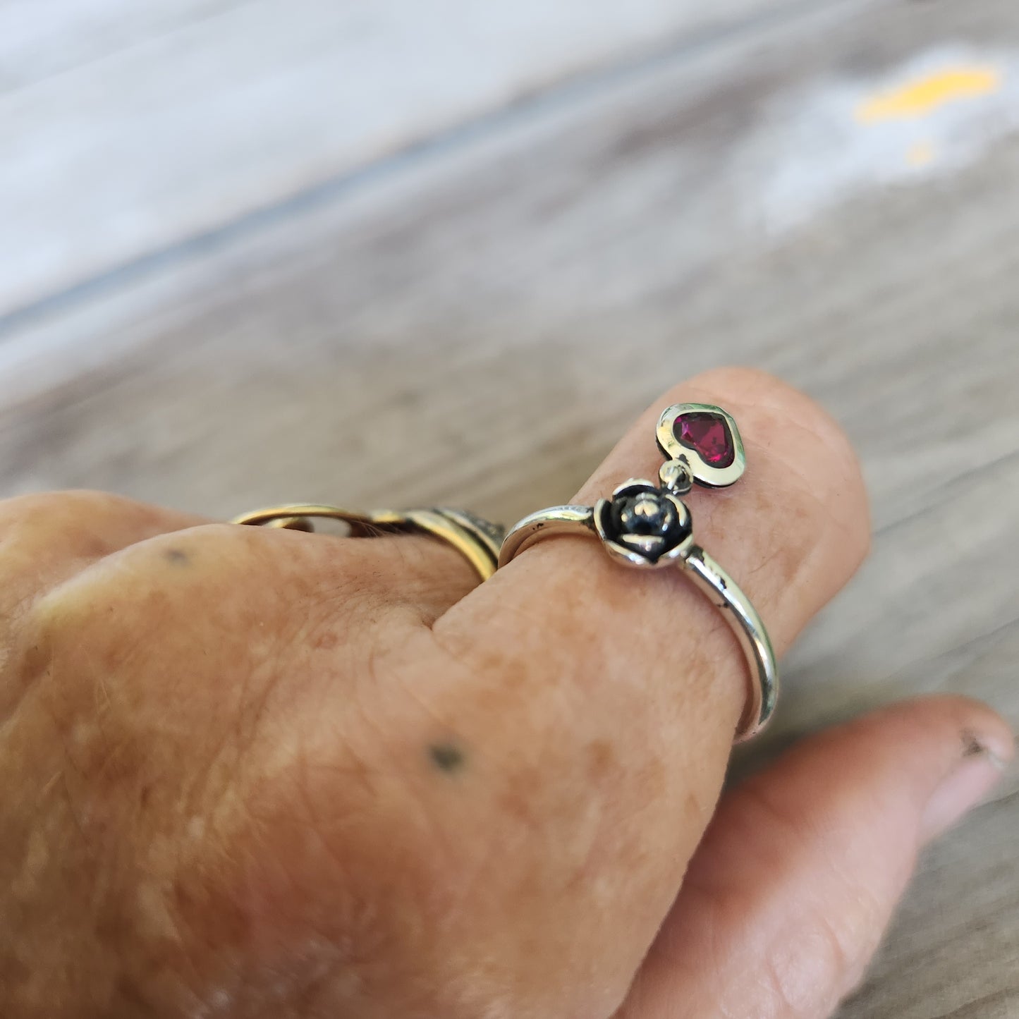 rose heart dangling ring,925 sterling silver,cz,2mm halo mixed metal ring,thin stacker ring,