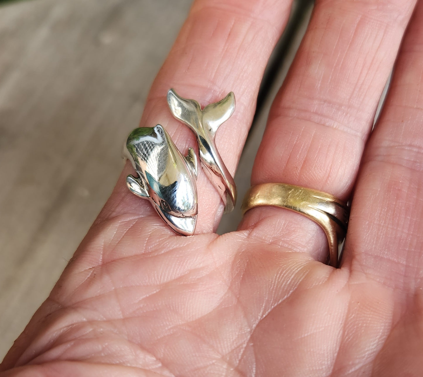 Large dolphin ring,925 sterling silver,silver adjustable band,porpous, surf wrap around ring