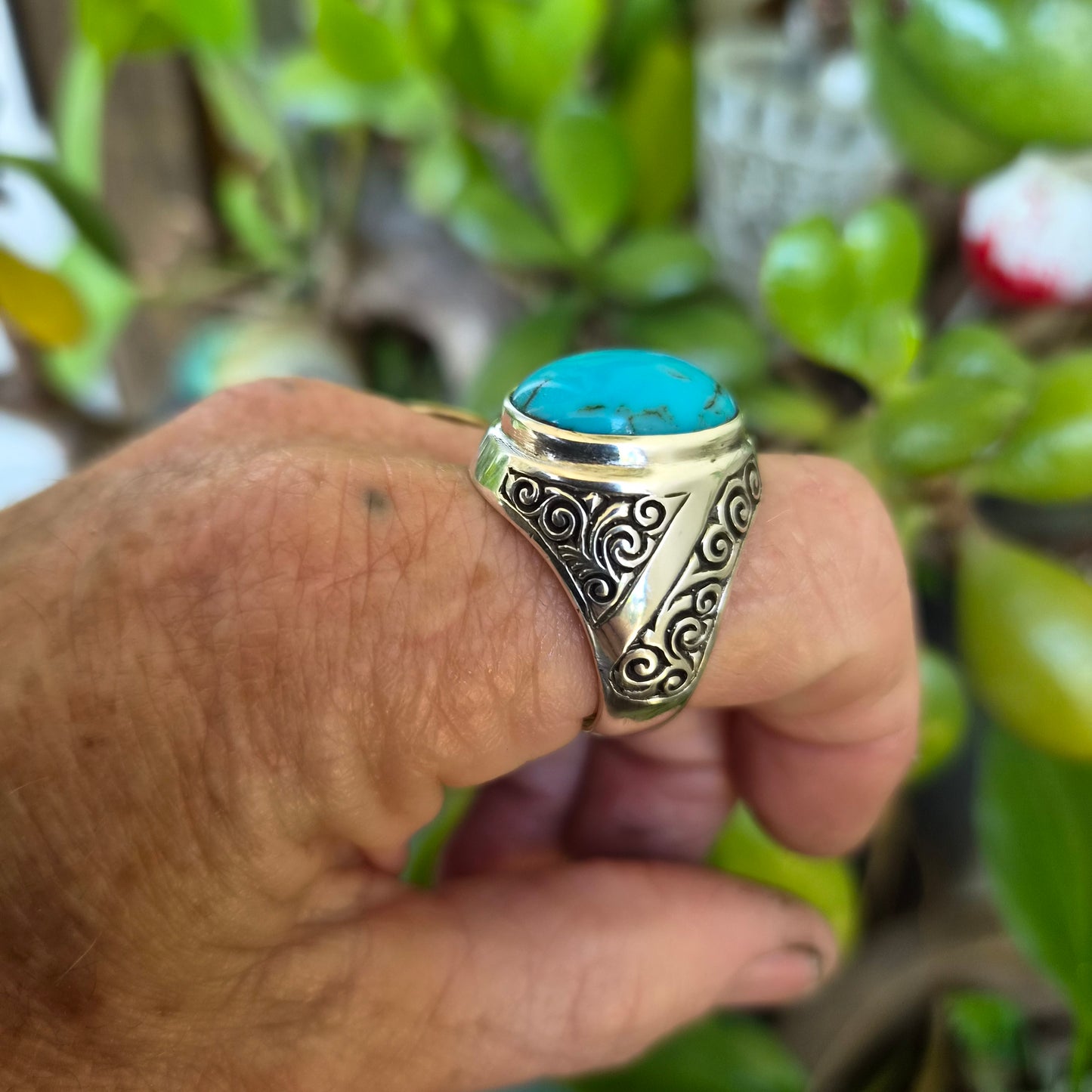 Turquoise ring,large mans ring,925 sterling silver,wedding dress scroll,maori koru,pattern