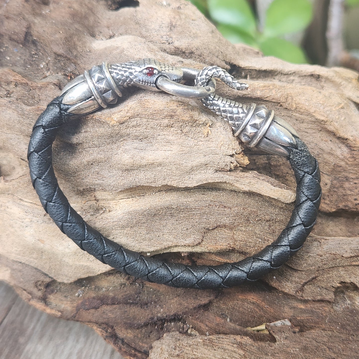 Silver snake and leather bracelet,925 sterling silver,22gms heavy solid,red eyes