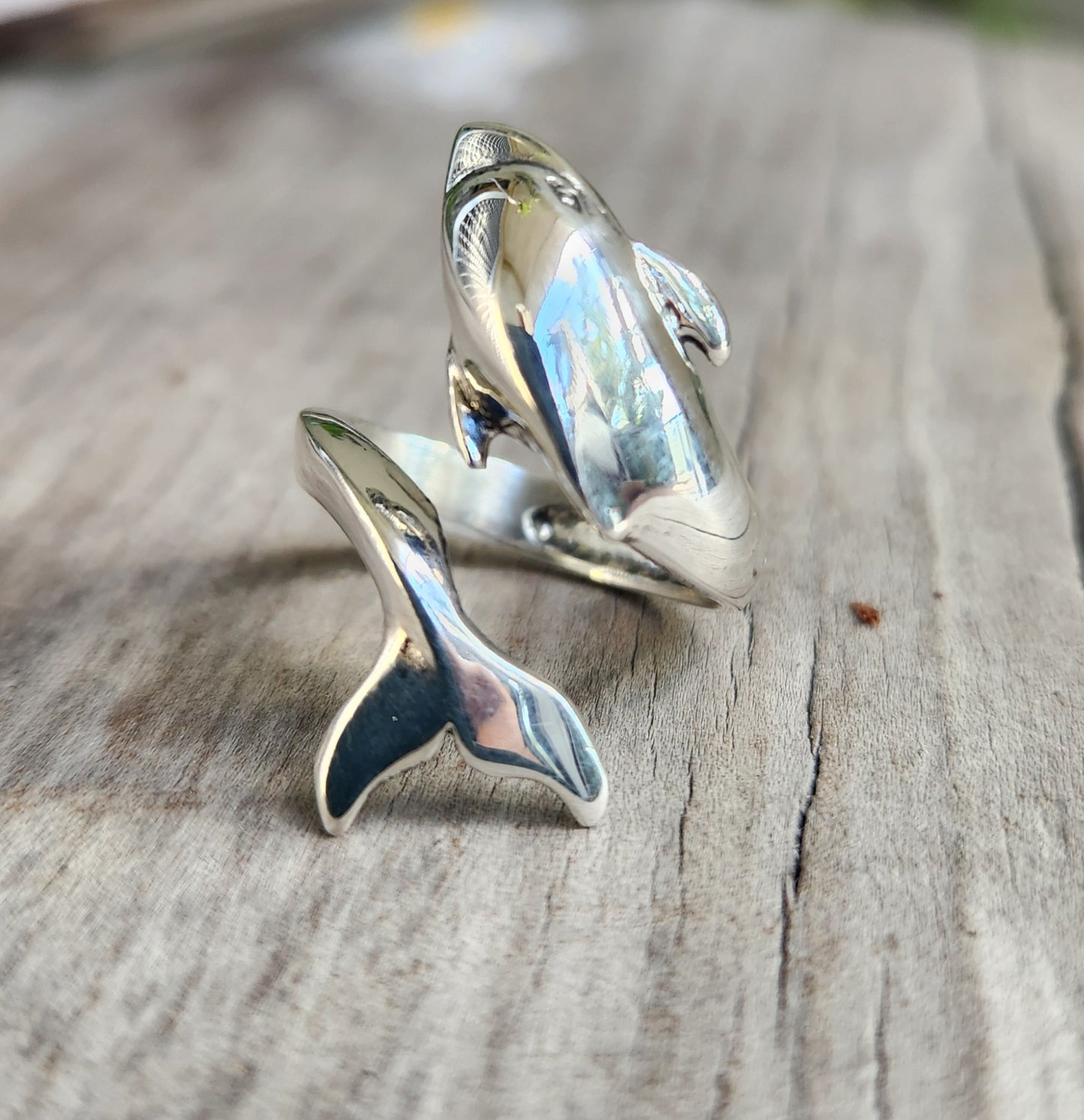 Large dolphin ring,925 sterling silver,silver adjustable band,porpous, surf wrap around ring