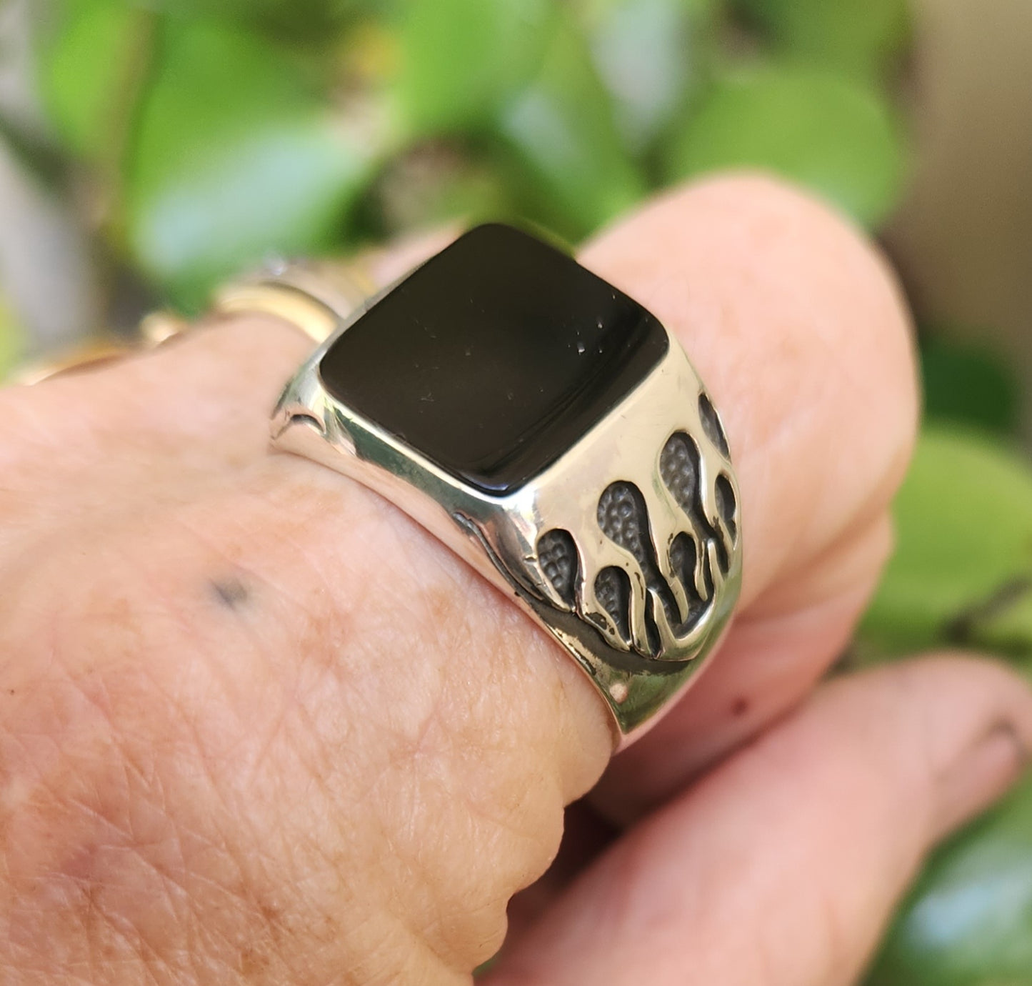 Square black top ring, flame ring,925 sterling silver,gothic,punk,men's fashion,