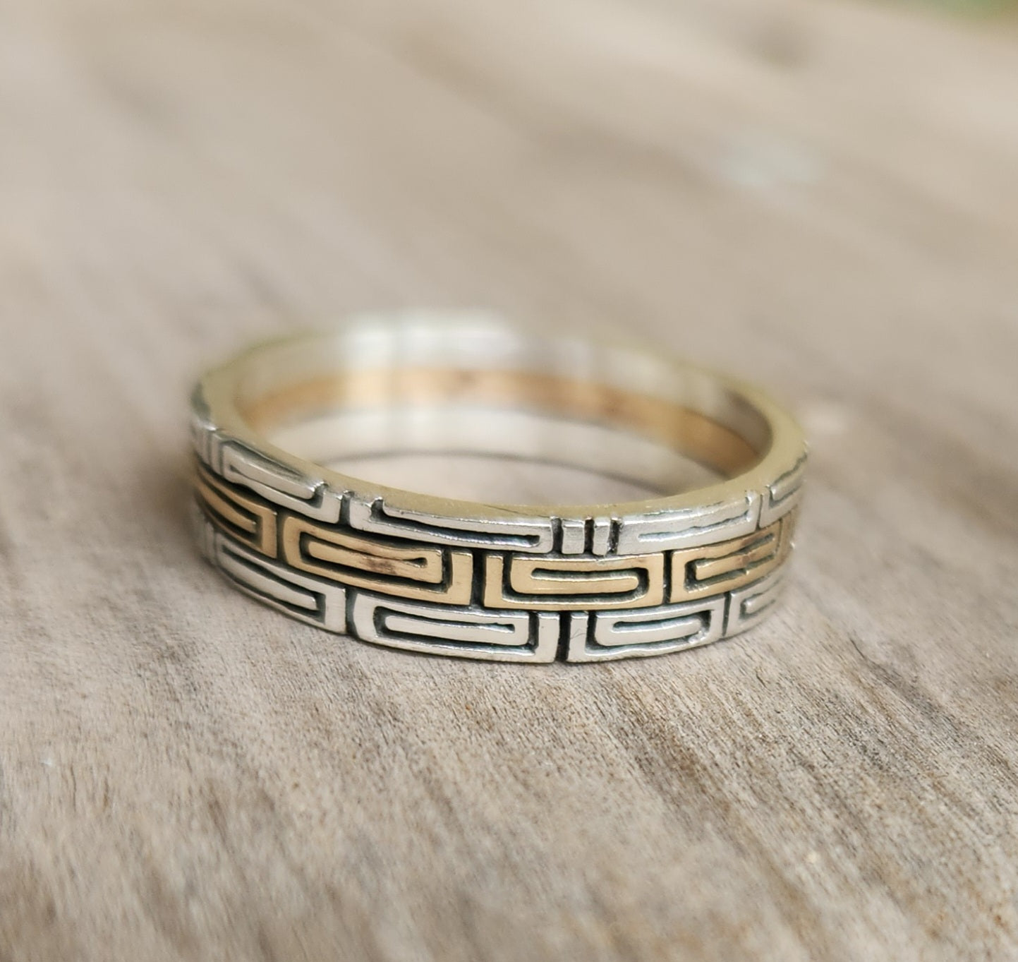 Two tone band,tribal Aztec ring,9k gold and sterling silver,rustic wedding,boho,gypsy,handmade,goddess,designer ring