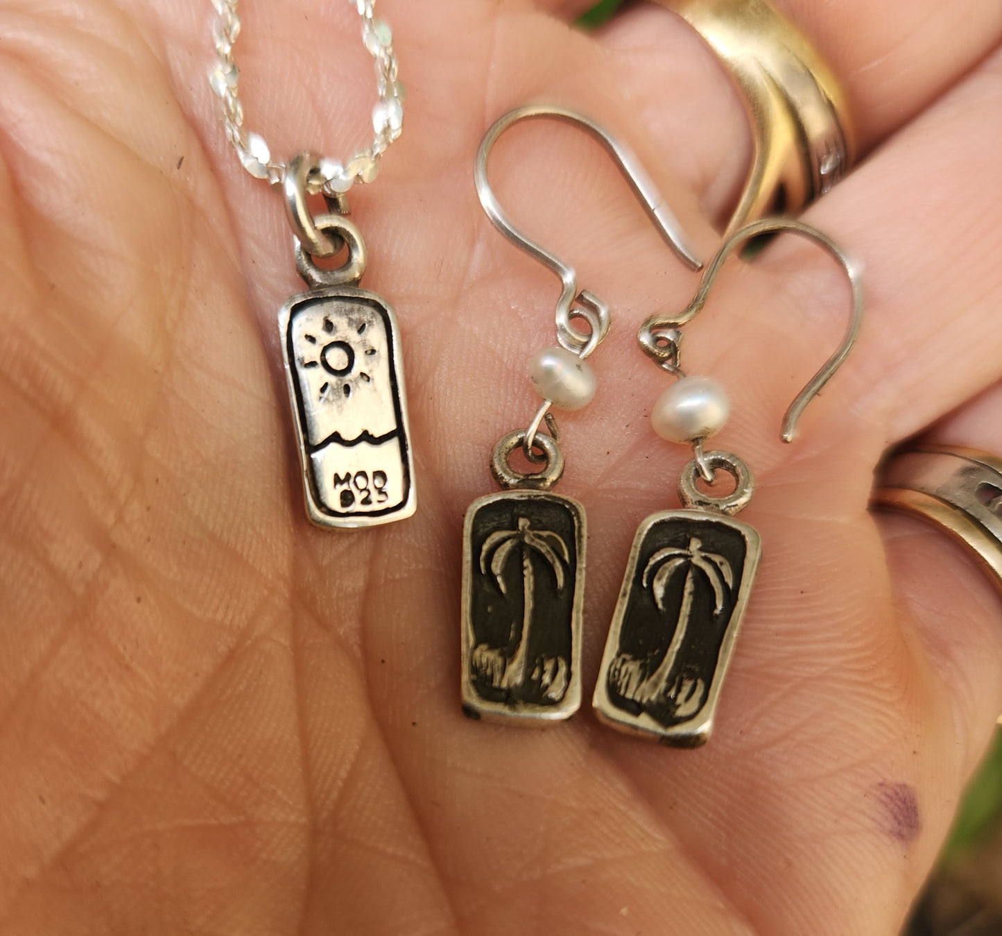 Palm tree pendant,charm 925 sterling silver,pearl drop earrings,sun charm