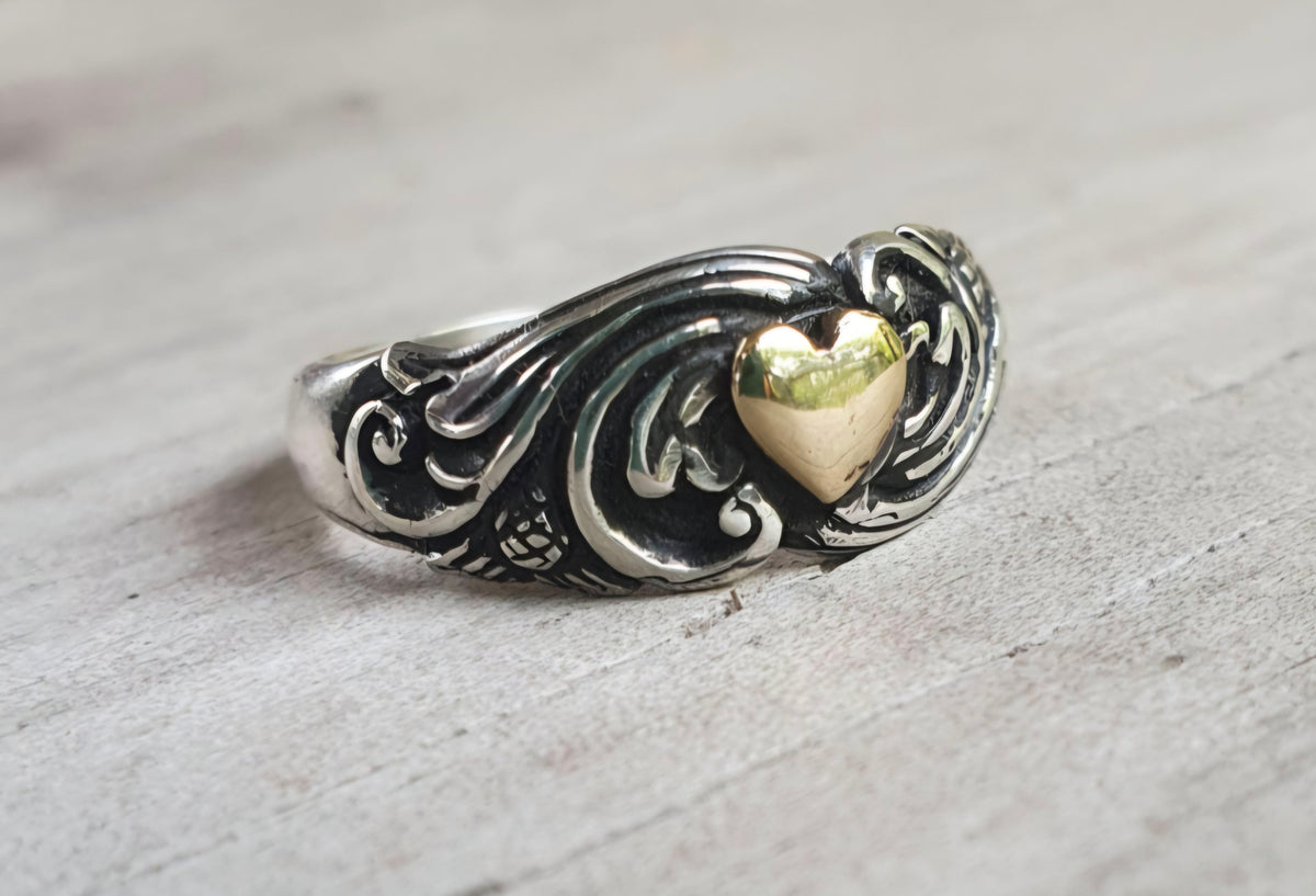 Two tone heart ring,9k Gold heart on 925 sterling silver band,handmade