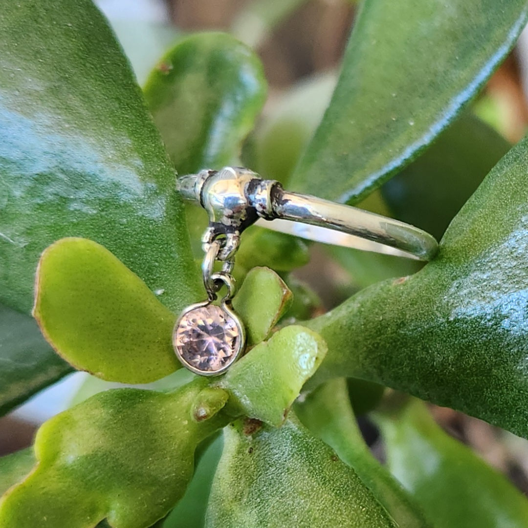 Pink cz dangling ring,925 sterling silver,cz,2mm halo mixed metal ring,thin stacker ring,