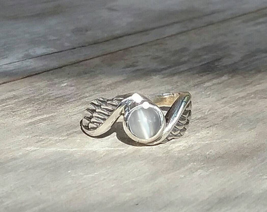 moonstone ring,,angel wings,,Sterling silver,goddess, winged, feather,bird wings,new age,boho ,gypsy,fairy